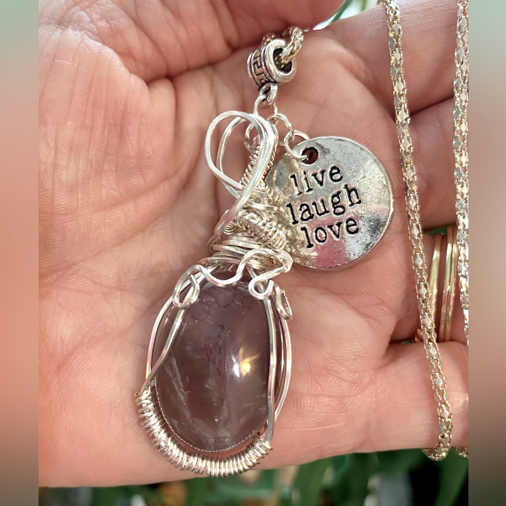 Purple Amethyst gemstone wirewrapped pendant necklace with live laugh love charm